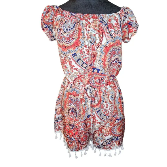 Women's Medium Red Blue Paisley Off Shoulder Shorts Romper Tassles - Picture 2 of 5